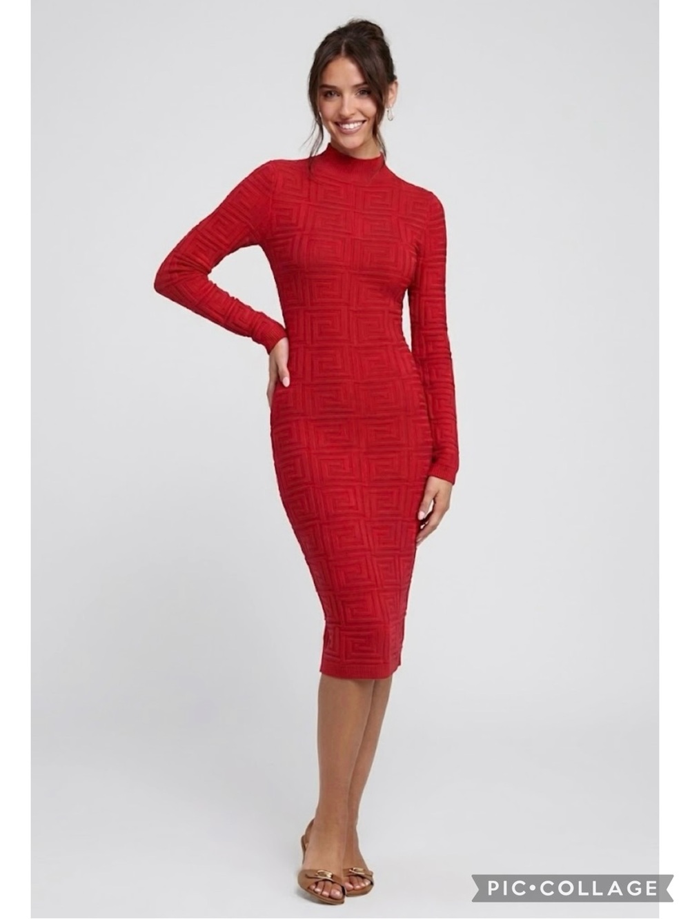 Jolie & Joy Dress Midi Ribbed Knit Mockneck Red Long Sleeve Bodycon M